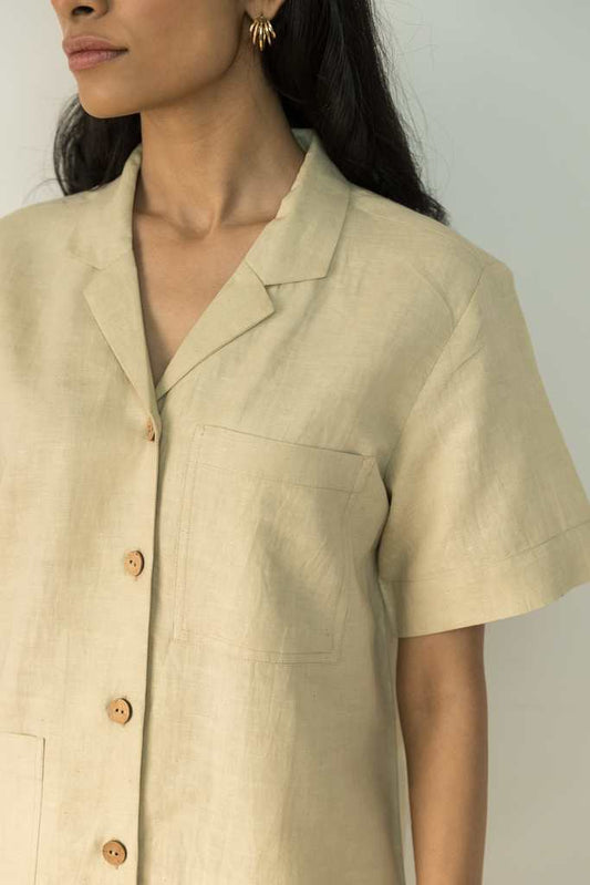 Beige Solid Cotton Shirt at Kamakhyaa by Anushé Pirani. This item is Beige, Casual Wear, Cotton, Cotton Hemp, Handwoven, Hemp, Relaxed Fit, Shibumi Collection, Shirts, Solids, Womenswear