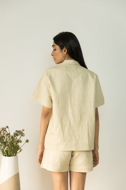 Beige Solid Cotton Shirt at Kamakhyaa by Anushé Pirani. This item is Beige, Casual Wear, Cotton, Cotton Hemp, Handwoven, Hemp, Relaxed Fit, Shibumi Collection, Shirts, Solids, Womenswear