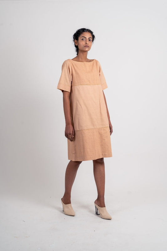 Beige Textured Plain Dress at Kamakhyaa by Ahmev. This item is Brown, Casual Wear, Fall, Handloom Cotton, July Sale, July Sale 2023, Mini Dresses, Natural, Relaxed Fit, Textured, Womenswear