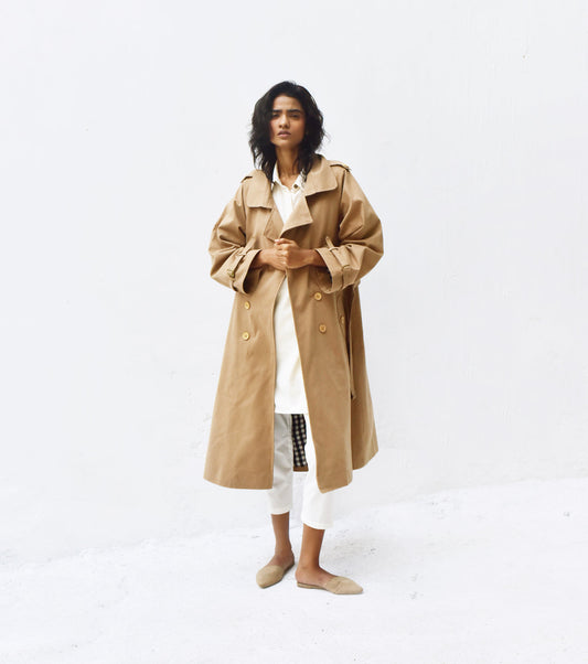 Beige Trench Coat at Kamakhyaa by Khara Kapas. This item is Beige, Casual Wear, Heavy Twill, Organic, Relaxed Fit, Solids, Trench Coats, Womenswear