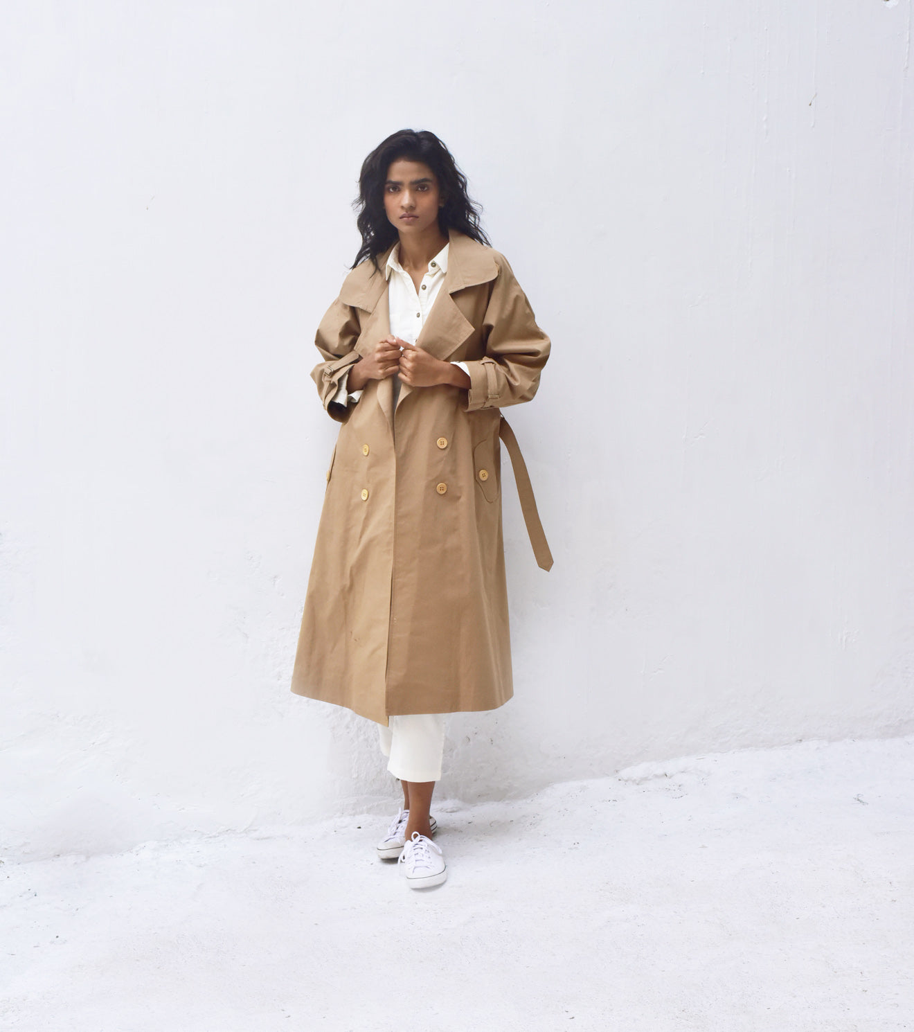 Beige Trench Coat at Kamakhyaa by Khara Kapas. This item is Beige, Casual Wear, Organic, Regular Fit, Solids, Trench Coats, Twill, Womenswear
