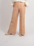 Beige Zari Pant at Kamakhyaa by Ahmev. This item is Brown, Casual Wear, Fall, Fitted At Waist, Handloom Cotton, July Sale, July Sale 2023, Natural, Organic, Pants, Solids, Wide leg pants, Womenswear