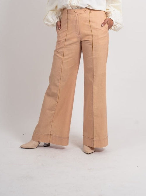 Beige Zari Pant at Kamakhyaa by Ahmev. This item is Brown, Casual Wear, Fall, Fitted At Waist, Handloom Cotton, July Sale, July Sale 2023, Natural, Organic, Pants, Solids, Wide leg pants, Womenswear