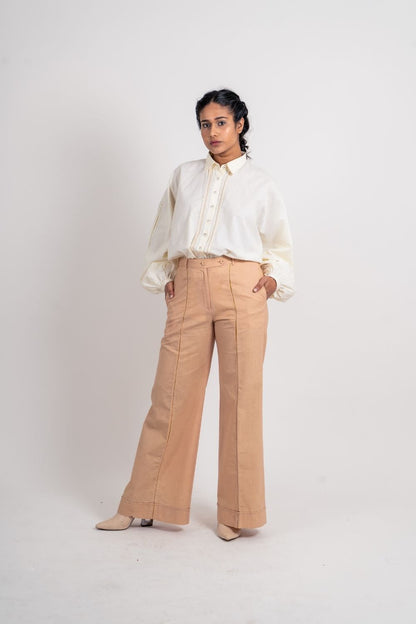 Beige Zari Pant at Kamakhyaa by Ahmev. This item is Brown, Casual Wear, Fall, Fitted At Waist, Handloom Cotton, July Sale, July Sale 2023, Natural, Organic, Pants, Solids, Wide leg pants, Womenswear