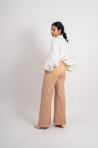 Beige Zari Pant at Kamakhyaa by Ahmev. This item is Brown, Casual Wear, Fall, Fitted At Waist, Handloom Cotton, July Sale, July Sale 2023, Natural, Organic, Pants, Solids, Wide leg pants, Womenswear