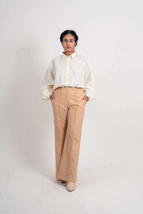 Beige Zari Pant at Kamakhyaa by Ahmev. This item is Brown, Casual Wear, Fall, Fitted At Waist, Handloom Cotton, July Sale, July Sale 2023, Natural, Organic, Pants, Solids, Wide leg pants, Womenswear