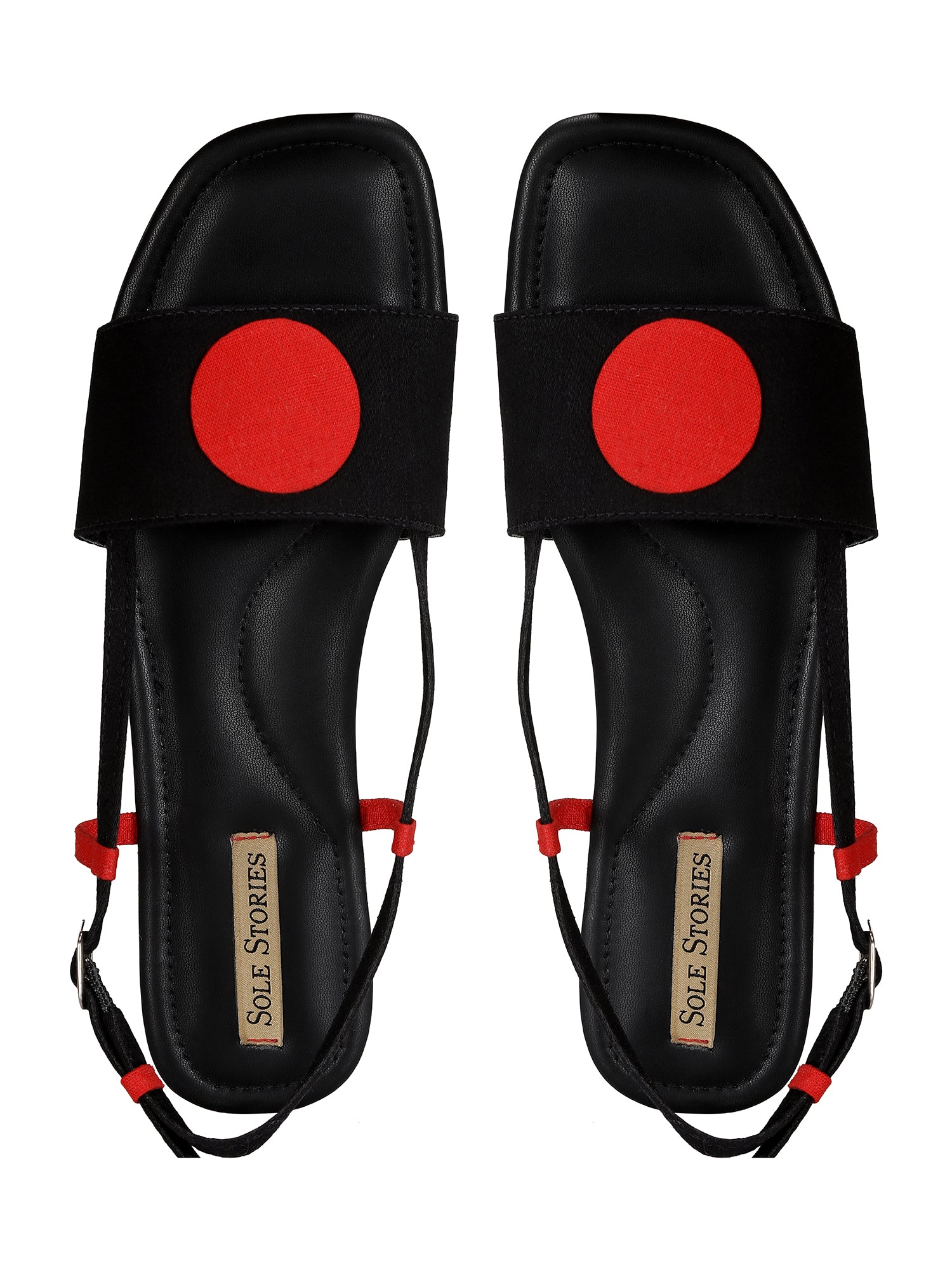 Bindi Backstraps in Black and Red Basics Edit- Chapter II, Black, Faux Leather, Flats, Handcrafted, Red, Relaxed Fit, Solids, Vegan Kamakhyaa