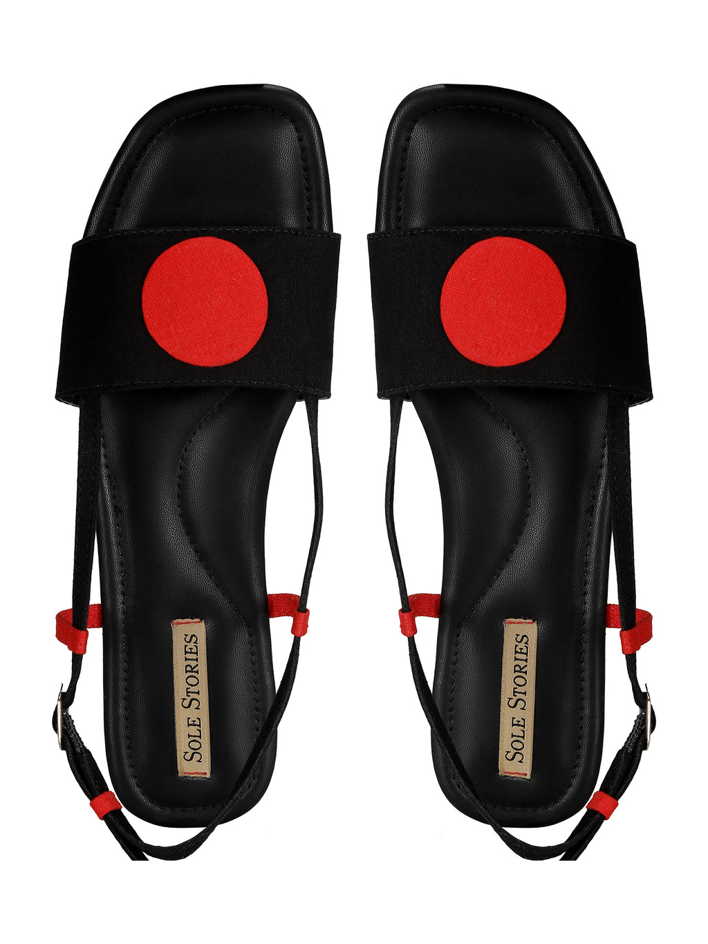 Bindi Backstraps in Black and Red Basics Edit- Chapter II, Black, Faux Leather, Flats, Handcrafted, Red, Relaxed Fit, Solids, Vegan Kamakhyaa