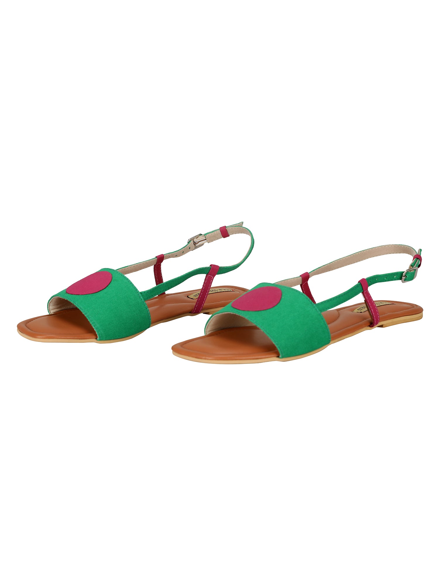 Bindi Backstraps in Green and Pink Basics Edit- Chapter II, Faux Leather, Flats, Green, Handcrafted, Pink, Relaxed Fit, Solids, Vegan Kamakhyaa
