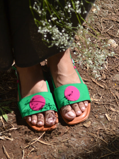 Bindi Backstraps in Green and Pink Basics Edit- Chapter II, Faux Leather, Flats, Green, Handcrafted, Pink, Relaxed Fit, Solids, Vegan Kamakhyaa