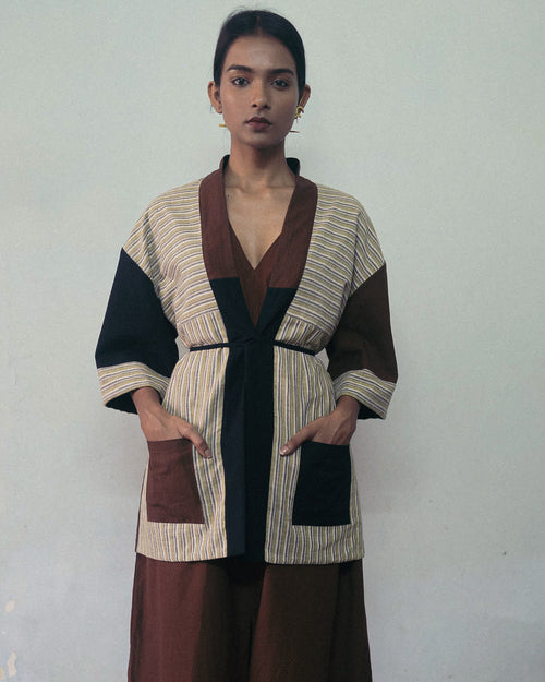 Black And Brown Reversible Jacket at Kamakhyaa by Deeta Clothing. This item is Black, Brown, Casual Wear, Handwoven Cotton, Jackets, Natural with azo dyes, Relaxed Fit, Reversible, Shibui AW22, Stripes, Womenswear