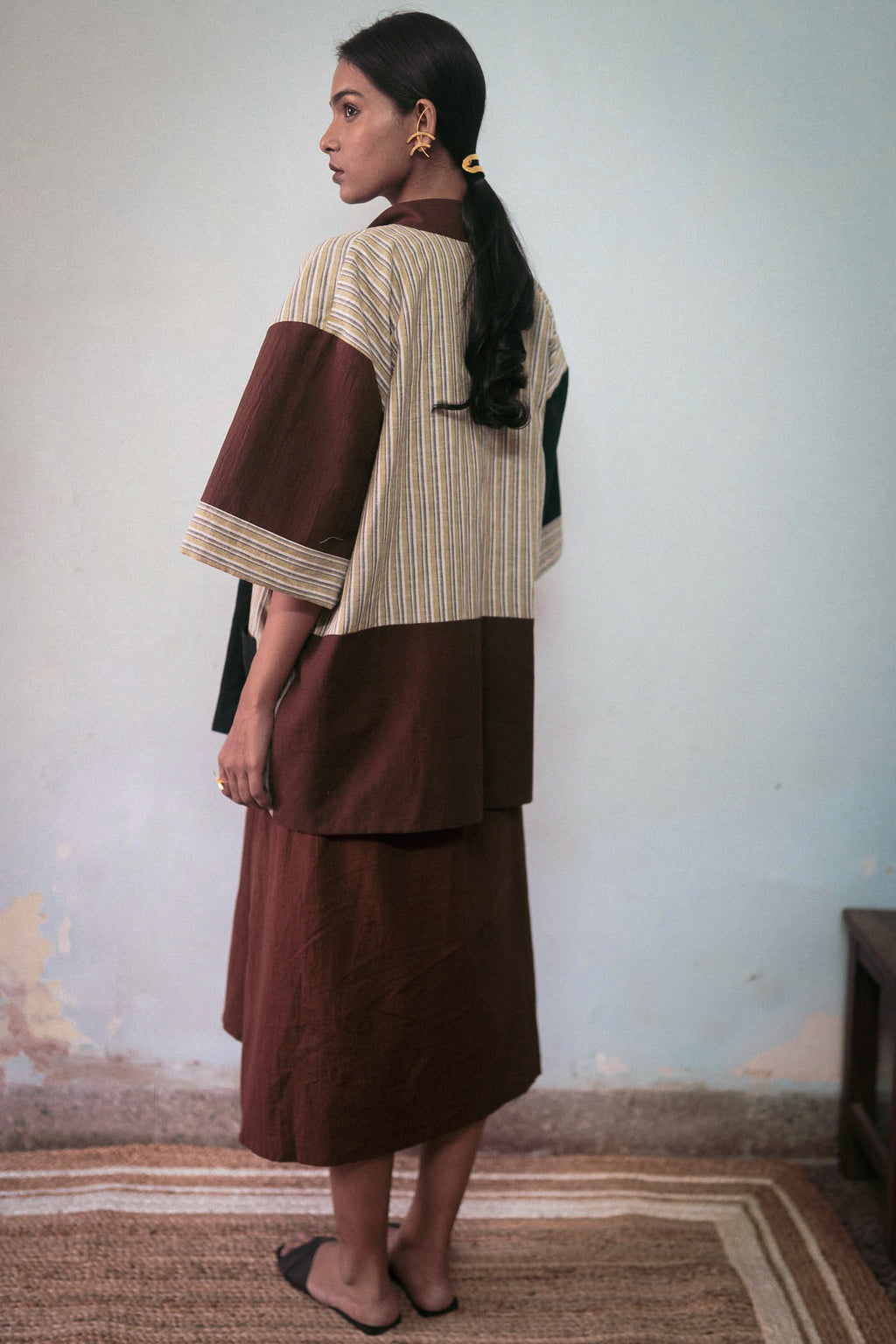 Black And Brown Reversible Jacket at Kamakhyaa by Deeta Clothing. This item is Black, Brown, Casual Wear, Handwoven Cotton, Jackets, Natural with azo dyes, Relaxed Fit, Reversible, Shibui AW22, Stripes, Womenswear