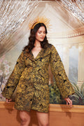 Black And Gold Silk Blazer With Skirt Co-Ord Set at Kamakhyaa by Chambray & Co.. This item is Black, Chambray & Co, Complete Sets, Embroidered, Gold, Moon Child, Natural, Party Wear, Regular Fit, Silk, Top Skirt Sets, Womenswear