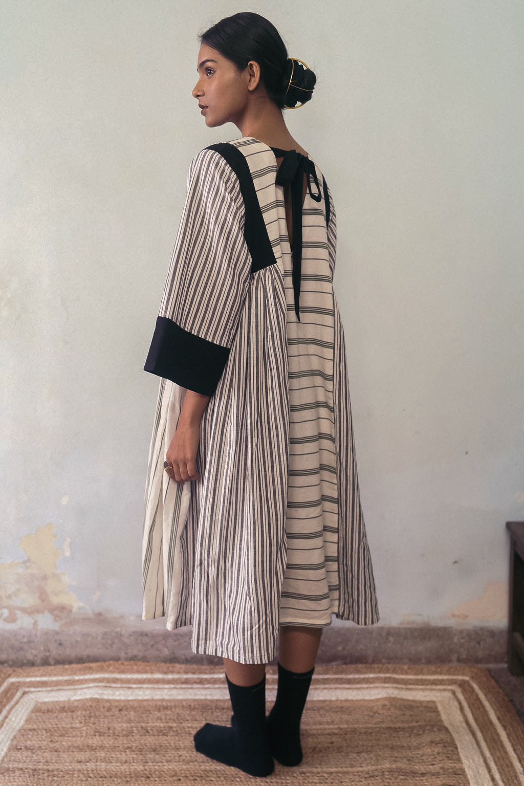 Black And White Midi Dress at Kamakhyaa by Deeta Clothing. This item is Black, Casual Wear, Dresses, Handwoven Cotton, Lines, Midi Dresses, Natural with azo dyes, Relaxed Fit, Shibui AW22, White, Womenswear
