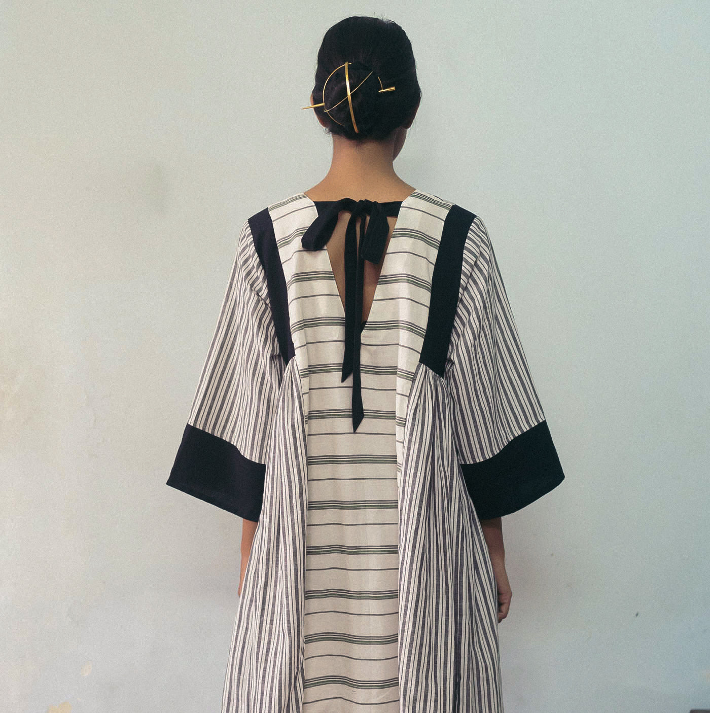 Black And White Midi Dress at Kamakhyaa by Deeta Clothing. This item is Black, Casual Wear, Dresses, Handwoven Cotton, Lines, Midi Dresses, Natural with azo dyes, Relaxed Fit, Shibui AW22, White, Womenswear