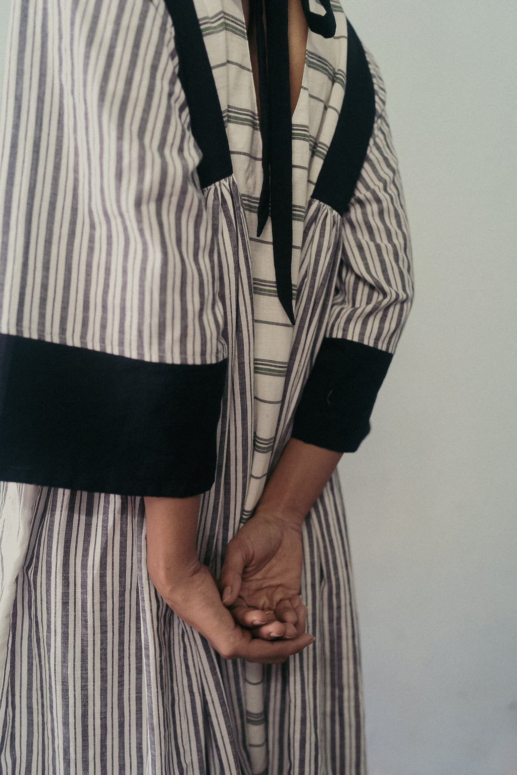 Black And White Midi Dress at Kamakhyaa by Deeta Clothing. This item is Black, Casual Wear, Dresses, Handwoven Cotton, Lines, Midi Dresses, Natural with azo dyes, Relaxed Fit, Shibui AW22, White, Womenswear