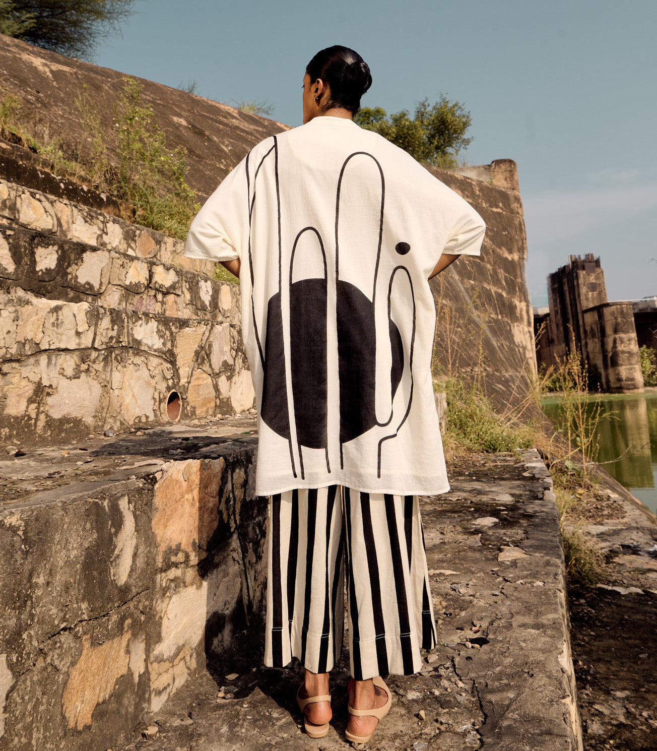 Black And White Printed Tunic Stripped Pant Co-ord Set at Kamakhyaa by Khara Kapas. This item is Birdsong, Black, Casual Wear, comfort fashion, Complete Sets, cotton, handcrafted, handmade, kharakapas, pure cotton, White, Womenswear