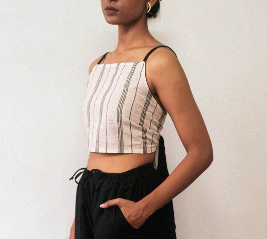 Black And White Reversible Top at Kamakhyaa by Deeta Clothing. This item is Black, Casual Wear, Crop Tops, Fitted, For Siblings, Handwoven Cotton, Lines, Natural with azo dyes, Reversible, Shibui AW22, Solids, White, Womenswear