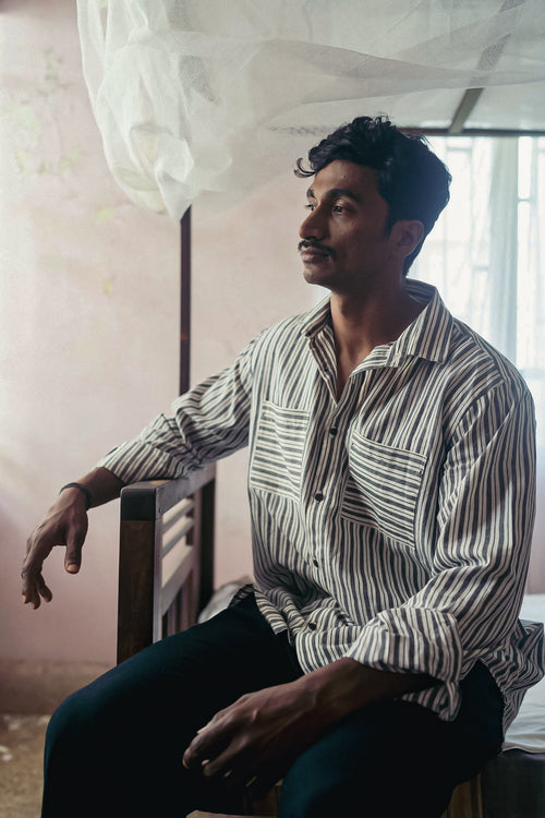Black And White Shirt at Kamakhyaa by Deeta Clothing. This item is Black, Casual Wear, Handwoven Cotton, Menswear, Natural with azo dyes, Relaxed Fit, Shibui AW22, Shirts, Stripes, Tops, White