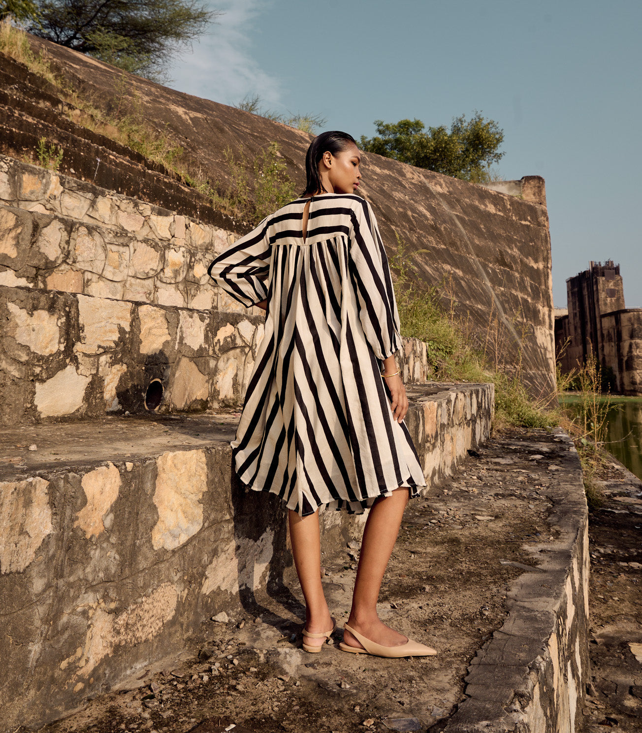 Black And White Striped Cotton Dress at Kamakhyaa by Khara Kapas. This item is Birdsong, Black, Casual Wear, comfort fashion, cotton, handcrafted, handmade, kharakapas, pure cotton, Shirt Dresses, White, Womenswear