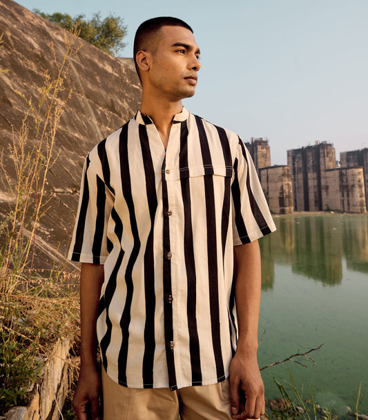Black And White Striped Mulmul Cotton Shirt at Kamakhyaa by Khara Kapas. This item is Birdsong, Black, Casual Wear, kharakapas, Menswear, Mulmul cotton, Natural, Regular Fit, Shirts, Stripes, Twill, White