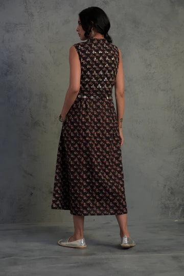 Black Block Printed Midi Dress at Kamakhyaa by Charkhee. This item is Black, Cotton, Embellished, Ethnic Wear, Midi Dresses, Mirror Work, Natural, Relaxed Fit, Sleeveless Dresses, Tyohaar, Womenswear