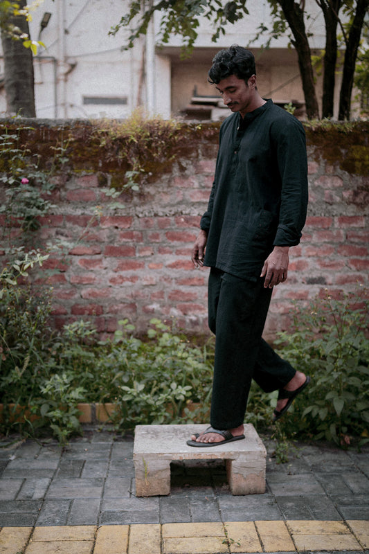 Black Casual Co-ord Set at Kamakhyaa by Deeta Clothing. This item is Black, Casual Wear, Co-ord Sets, Handwoven Cotton, Mens Co-ords, Menswear, Natural with azo dyes, Relaxed Fit, Shibui AW22, Solids