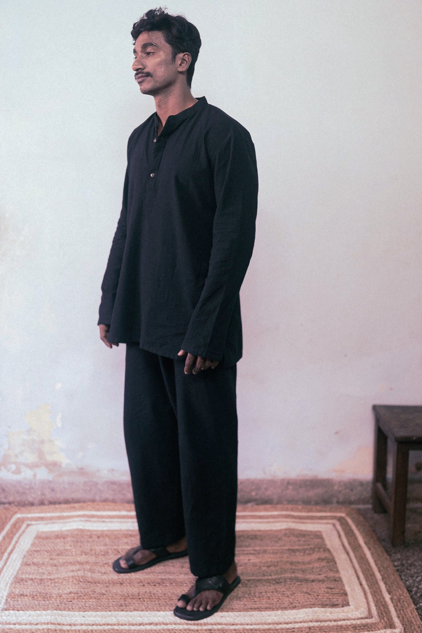 Black Casual Co-ord Set at Kamakhyaa by Deeta Clothing. This item is Black, Casual Wear, Co-ord Sets, Handwoven Cotton, Mens Co-ords, Menswear, Natural with azo dyes, Relaxed Fit, Shibui AW22, Solids