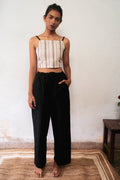 Black Casual Cotton Pants at Kamakhyaa by Deeta Clothing. This item is Black, Casual Wear, Handwoven Cotton, Natural with azo dyes, Pants, Relaxed Fit, Shibui AW22, Solids, Womenswear