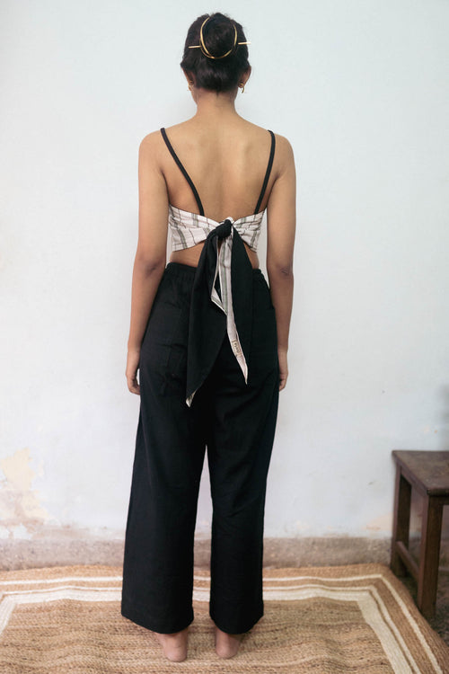 Black Casual Cotton Pants at Kamakhyaa by Deeta Clothing. This item is Black, Casual Wear, Handwoven Cotton, Natural with azo dyes, Pants, Relaxed Fit, Shibui AW22, Solids, Womenswear