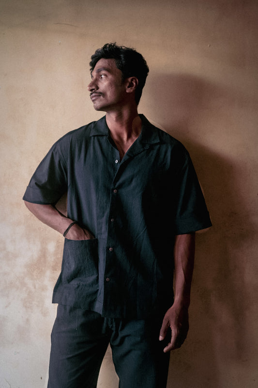 Black Casual Shirt at Kamakhyaa by Deeta Clothing. This item is Black, Casual Wear, Handwoven Cotton, Menswear, Natural with azo dyes, Relaxed Fit, Shibui AW22, Shirt, Shirts, Solids, Tops