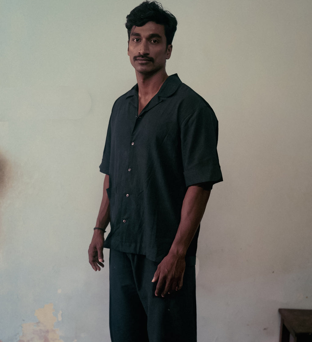 Black Casual Shirt at Kamakhyaa by Deeta Clothing. This item is Black, Casual Wear, Handwoven Cotton, Menswear, Natural with azo dyes, Relaxed Fit, Shibui AW22, Shirt, Shirts, Solids, Tops