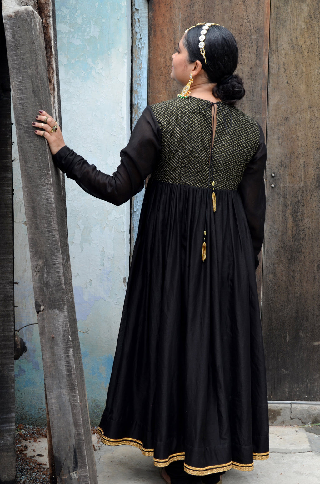 Black Chanderi Anakali with Dupatta at Kamakhyaa by Ahmev. This item is Black, Chanderi Silk, Co-ord Sets, Cotton, Embellished, Evening Wear, Festive Wear, Kurta Set with Dupattas, Party Wear, Regular Fit, Rumi, Solids, Womenswear