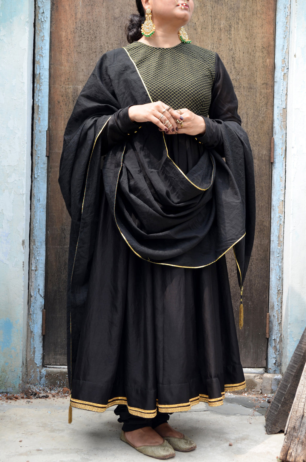 Black Chanderi Anakali with Dupatta at Kamakhyaa by Ahmev. This item is Black, Chanderi Silk, Co-ord Sets, Cotton, Embellished, Evening Wear, Festive Wear, Kurta Set with Dupattas, Party Wear, Regular Fit, Rumi, Solids, Womenswear