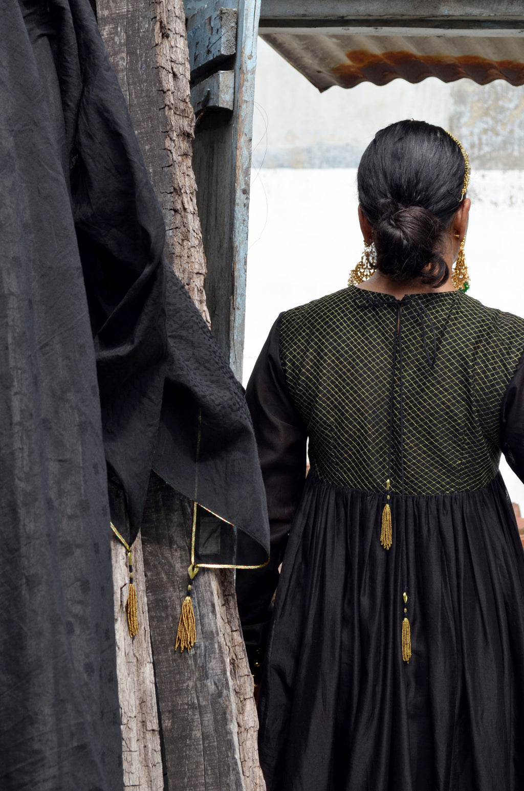 Black Chanderi Anakali with Dupatta at Kamakhyaa by Ahmev. This item is Black, Chanderi Silk, Co-ord Sets, Cotton, Embellished, Evening Wear, Festive Wear, Kurta Set with Dupattas, Party Wear, Regular Fit, Rumi, Solids, Womenswear