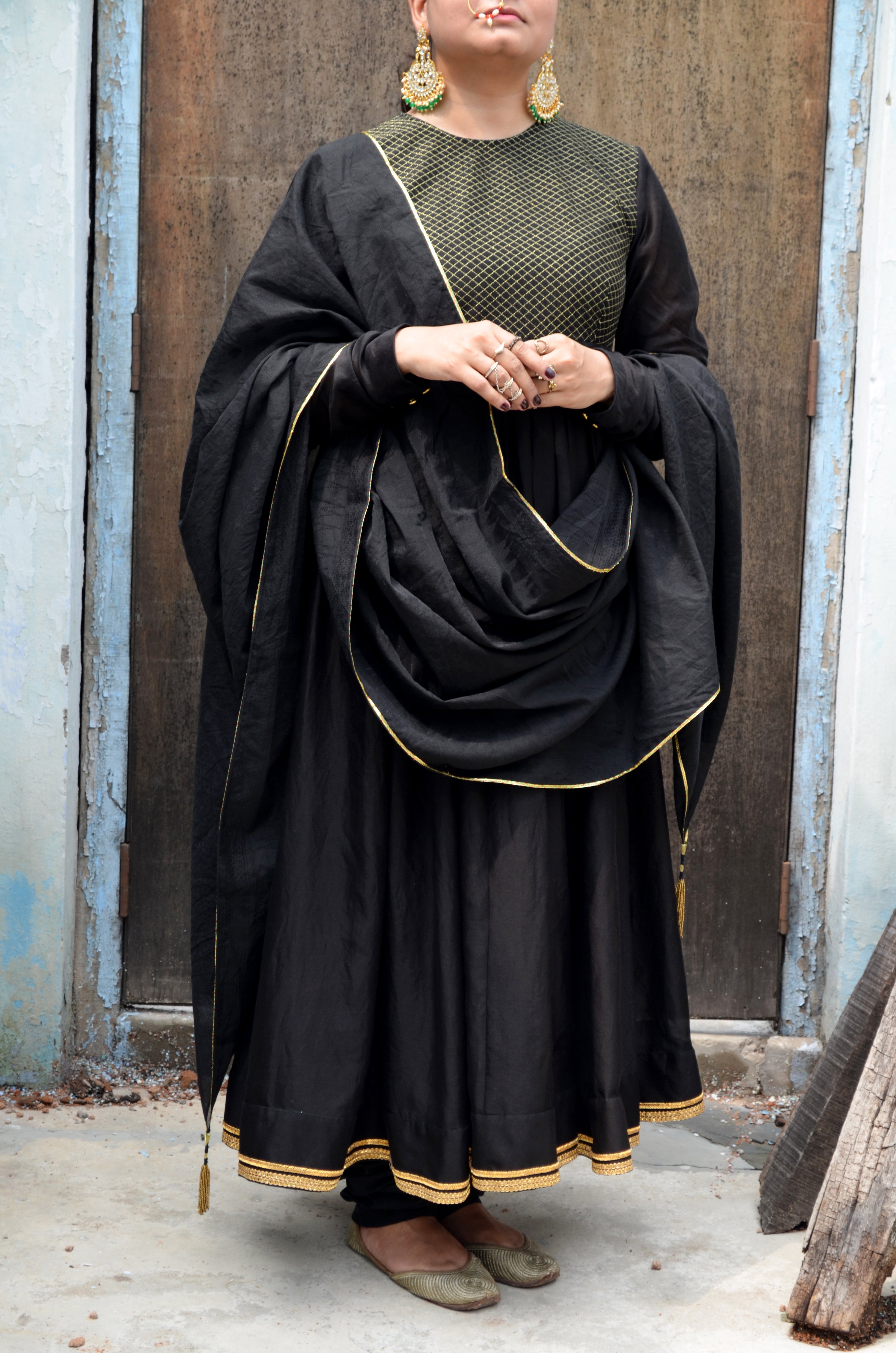 Black Chanderi Anakali with Dupatta at Kamakhyaa by Ahmev. This item is Black, Chanderi Silk, Co-ord Sets, Cotton, Embellished, Evening Wear, Festive Wear, Kurta Set with Dupattas, Party Wear, Regular Fit, Rumi, Solids, Womenswear