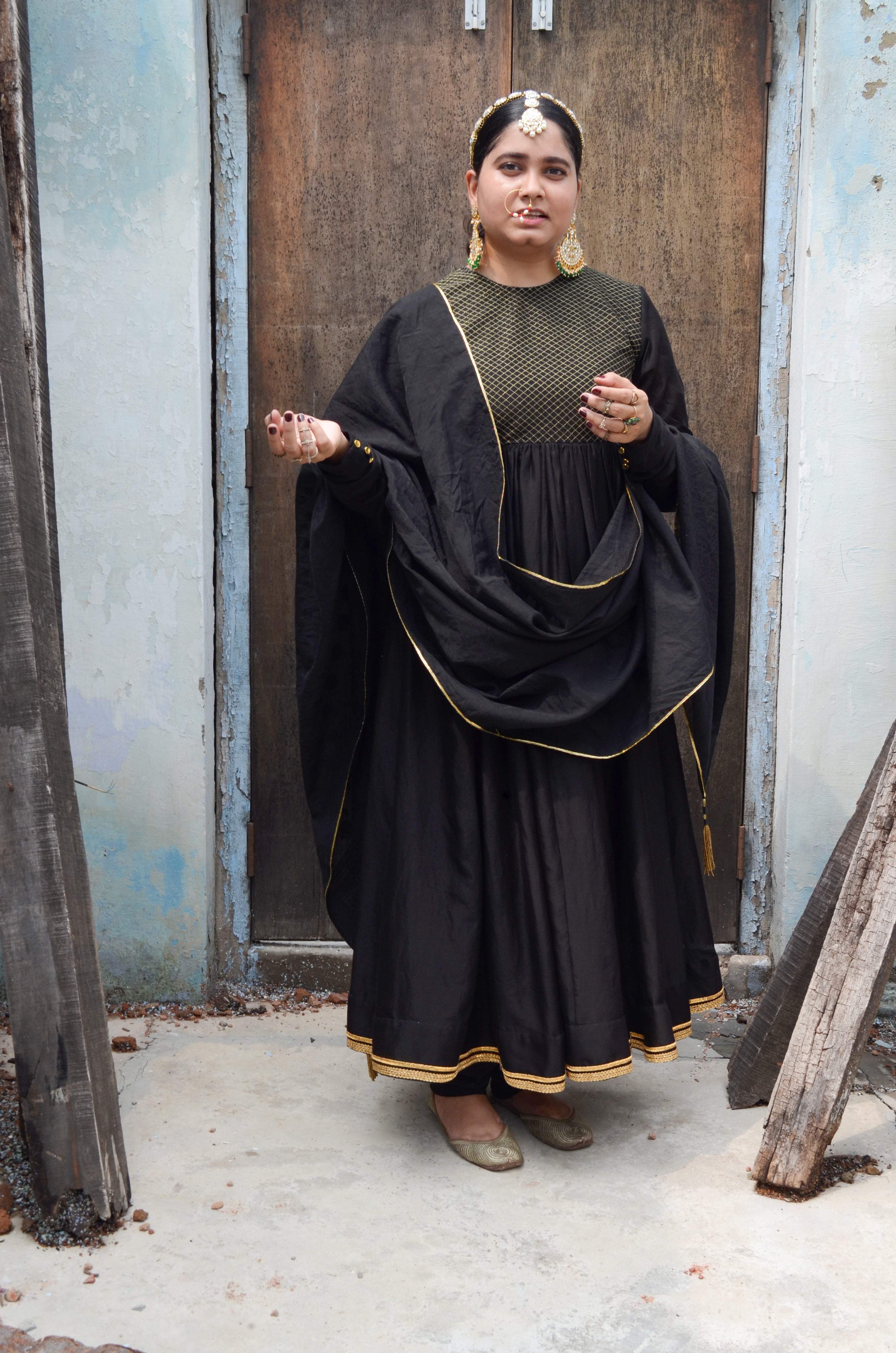 Black Chanderi Anakali with Dupatta at Kamakhyaa by Ahmev. This item is Black, Chanderi Silk, Co-ord Sets, Cotton, Embellished, Evening Wear, Festive Wear, Kurta Set with Dupattas, Party Wear, Regular Fit, Rumi, Solids, Womenswear