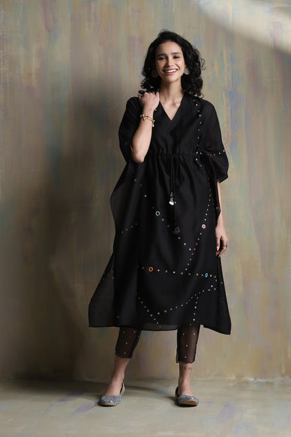 Black Chanderi Kaftan Co-ord Set at Kamakhyaa by Charkhee. This item is Black, Chanderi, Co-ord Sets, Cotton, Festive Wear, Mirror Work, Natural, party, Party Wear Co-ords, Regular Fit, Solids, Womenswear