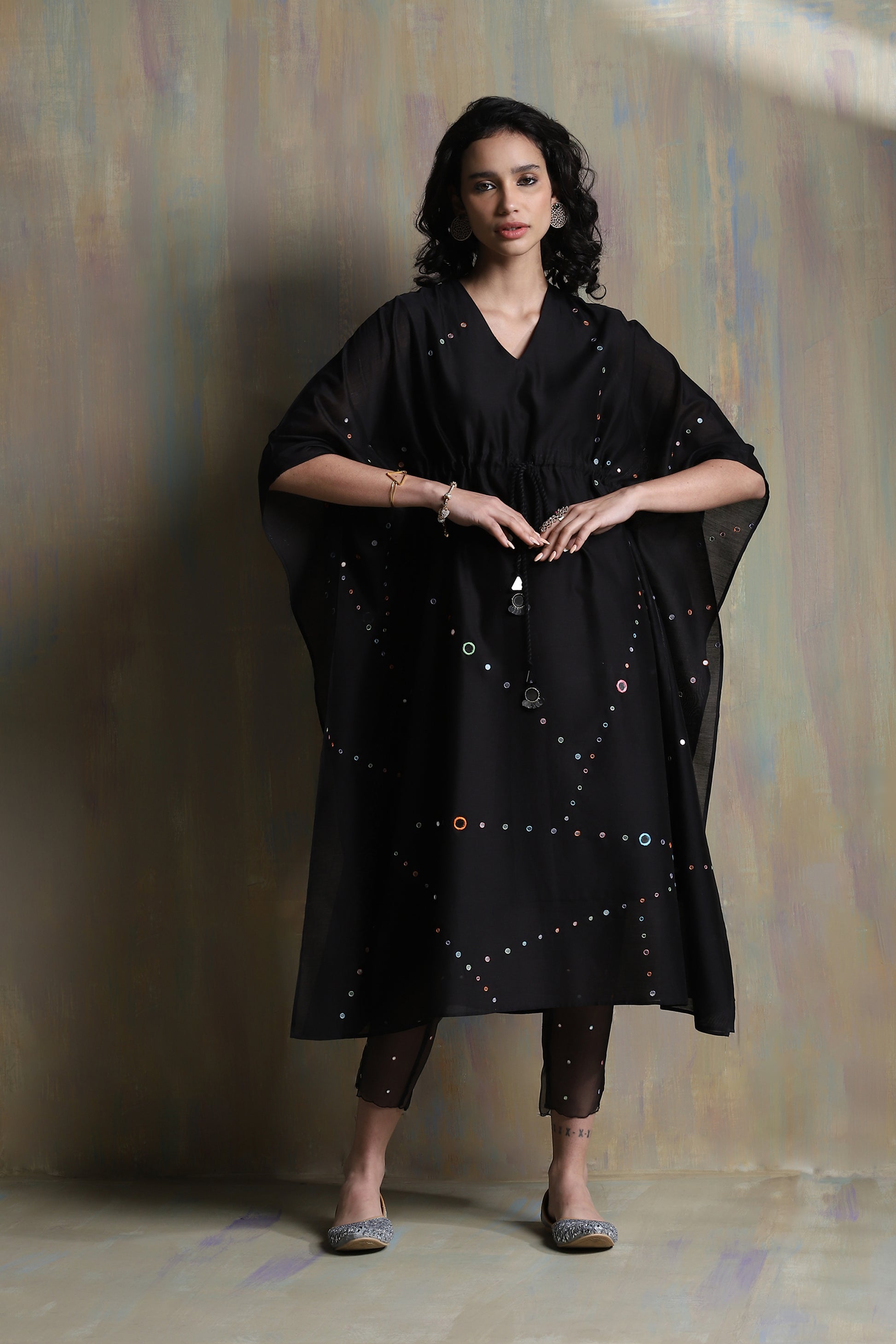 Black Chanderi Kaftan Co-ord Set at Kamakhyaa by Charkhee. This item is Black, Chanderi, Co-ord Sets, Cotton, Festive Wear, Mirror Work, Natural, party, Party Wear Co-ords, Regular Fit, Solids, Womenswear