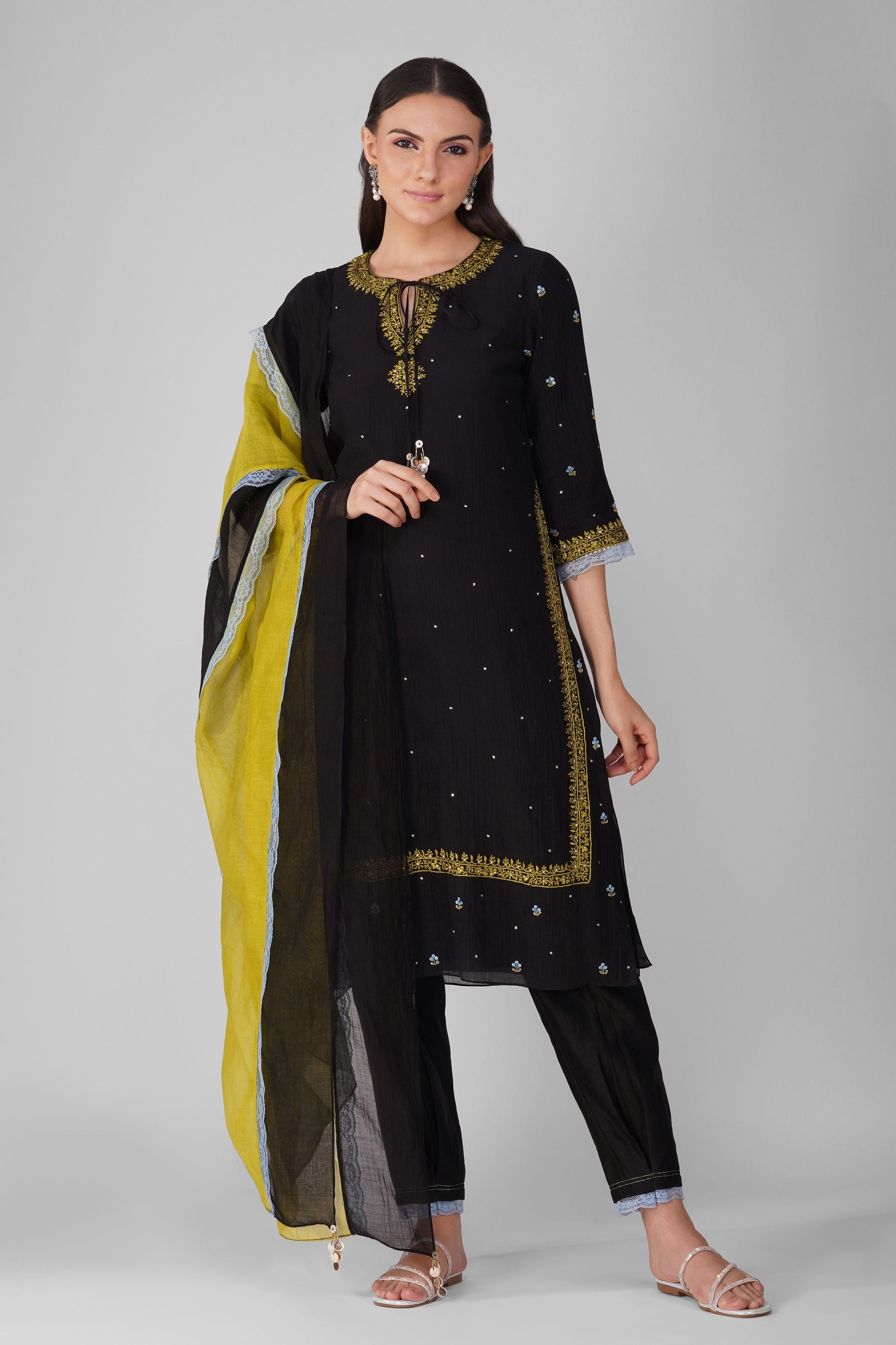 Black Chanderi Kurta Pant set at Kamakhyaa by Devyani Mehrotra. This item is Black, Chanderi, Embellished, Indian Wear, Natural, Party Wear, Regular Fit, Womenswear