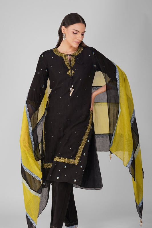 Black Chanderi Kurta Pant set at Kamakhyaa by Devyani Mehrotra. This item is Black, Chanderi, Embellished, Indian Wear, Natural, Party Wear, Regular Fit, Womenswear
