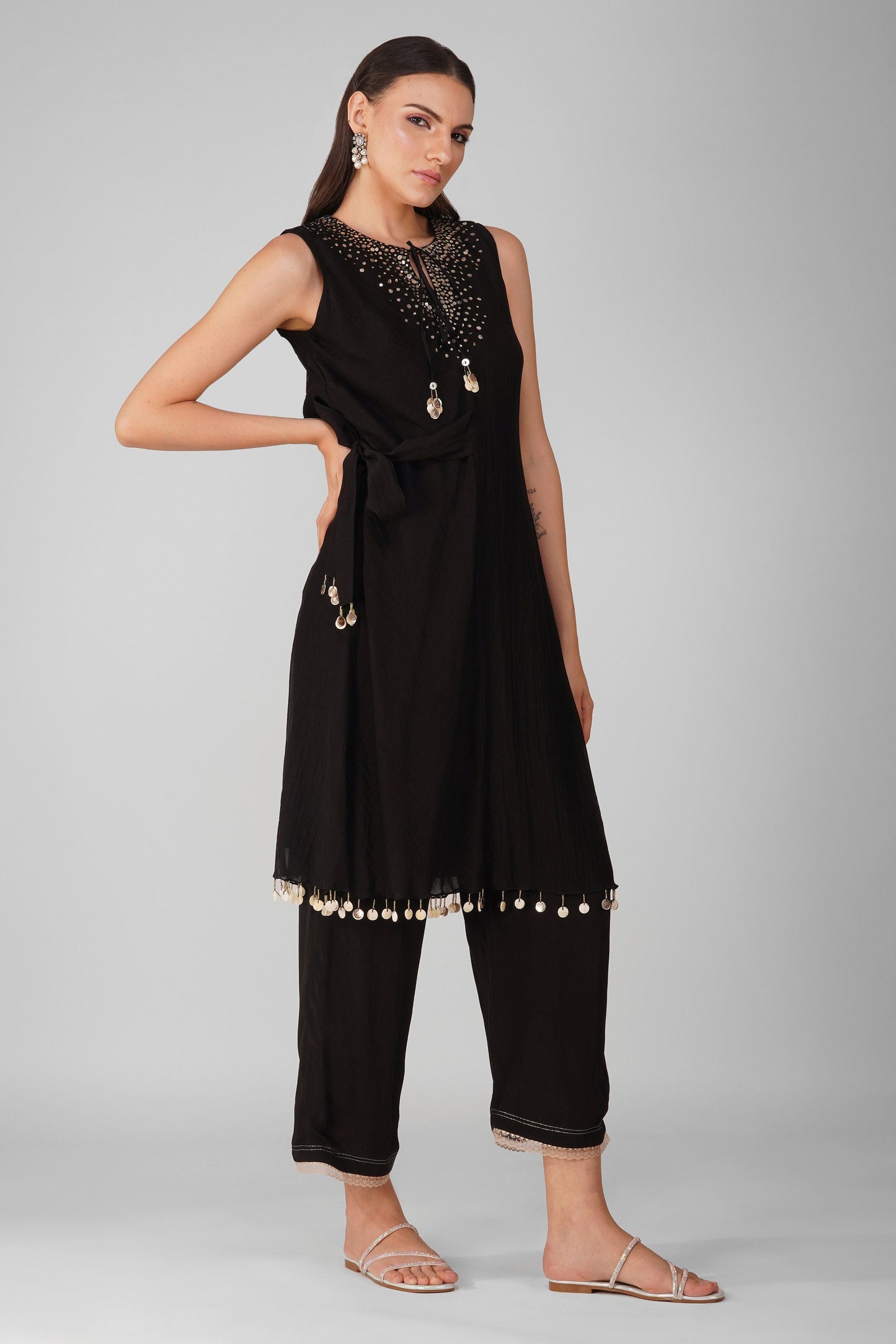 Black Chanderi Sleeveless Kurta Pant Set at Kamakhyaa by Devyani Mehrotra. This item is Black, Chanderi, Embellished, Indian Wear, Natural, Party Wear, Regular Fit, Womenswear