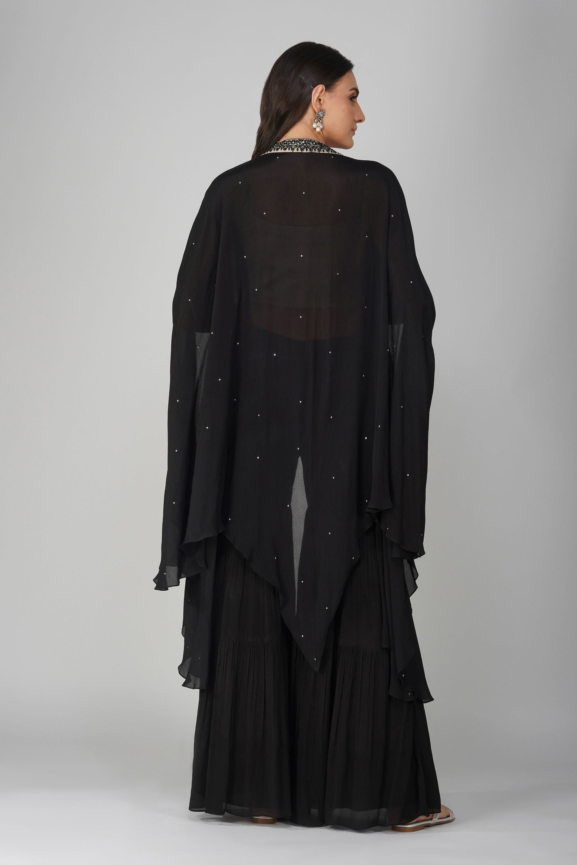 Black Chiffon Cape And Garara Set at Kamakhyaa by Devyani Mehrotra. This item is Black, Chiffon, Embellished, Indian Wear, Natural, Party Wear, Regular Fit, Womenswear