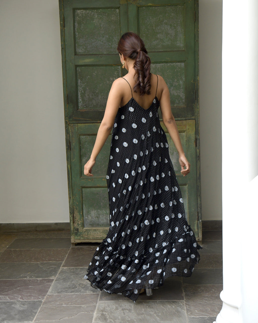 Black Chiffon Printed Maxi Dress at Kamakhyaa by Taro. This item is Best Selling, Black, Chiffon, Evening Wear, FB ADS JUNE, Indo-Western, July Sale, July Sale 2023, Maxi Dresses, Natural, Polka Dots, Prints, Regular Fit, Sleeveless Dresses, Strap Dresses, Womenswear