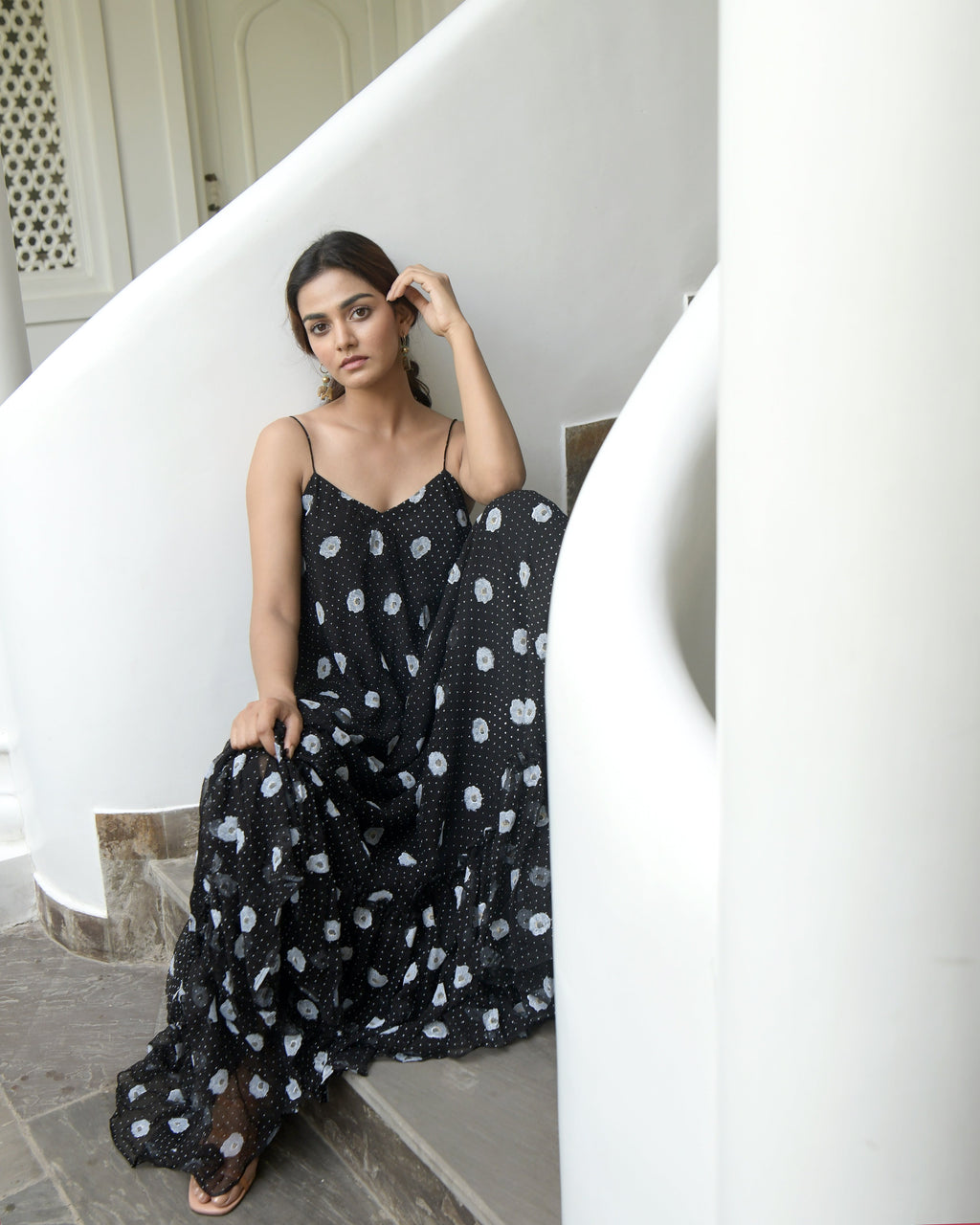 Black Chiffon Printed Maxi Dress at Kamakhyaa by Taro. This item is Best Selling, Black, Chiffon, Evening Wear, FB ADS JUNE, Indo-Western, July Sale, July Sale 2023, Maxi Dresses, Natural, Polka Dots, Prints, Regular Fit, Sleeveless Dresses, Strap Dresses, Womenswear