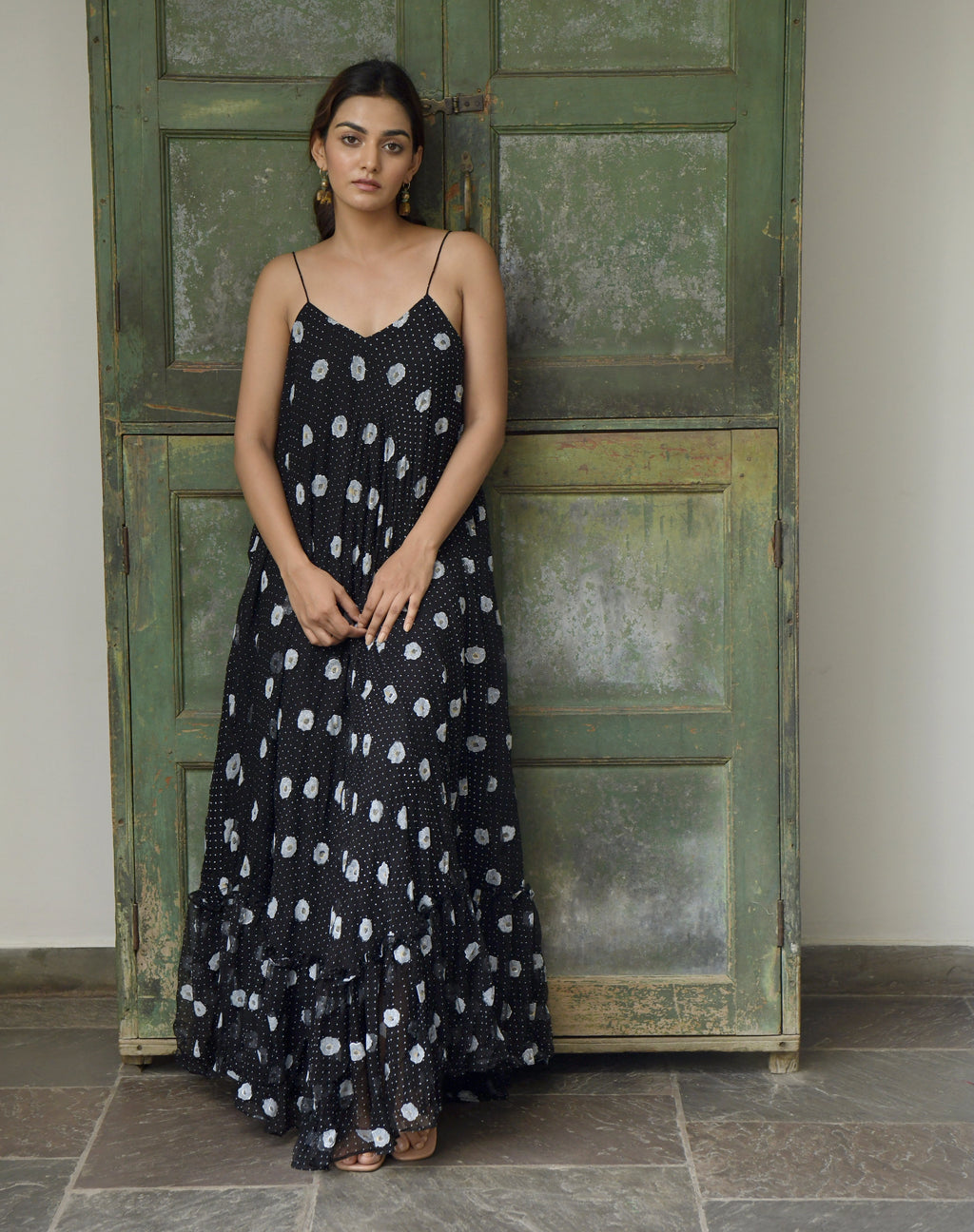 Black Chiffon Printed Maxi Dress at Kamakhyaa by Taro. This item is Best Selling, Black, Chiffon, Evening Wear, FB ADS JUNE, Indo-Western, July Sale, July Sale 2023, Maxi Dresses, Natural, Polka Dots, Prints, Regular Fit, Sleeveless Dresses, Strap Dresses, Womenswear