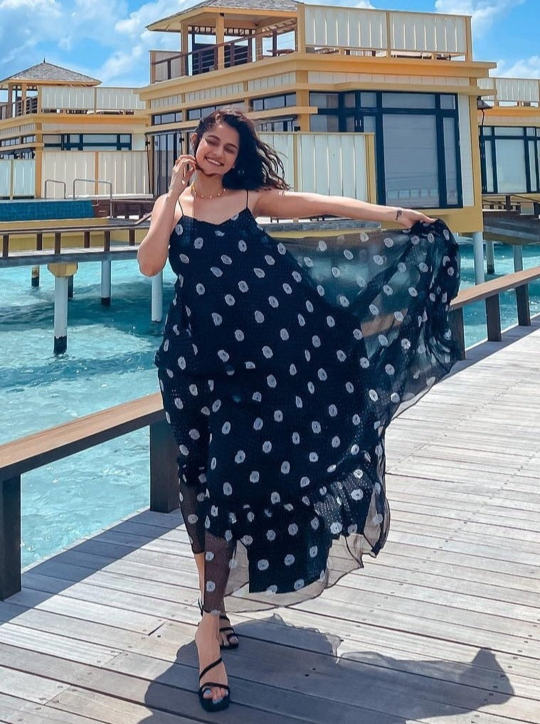 Black Chiffon Printed Maxi Dress at Kamakhyaa by Taro. This item is Best Selling, Black, Chiffon, Evening Wear, FB ADS JUNE, Indo-Western, July Sale, July Sale 2023, Maxi Dresses, Natural, Polka Dots, Prints, Regular Fit, Sleeveless Dresses, Strap Dresses, Womenswear