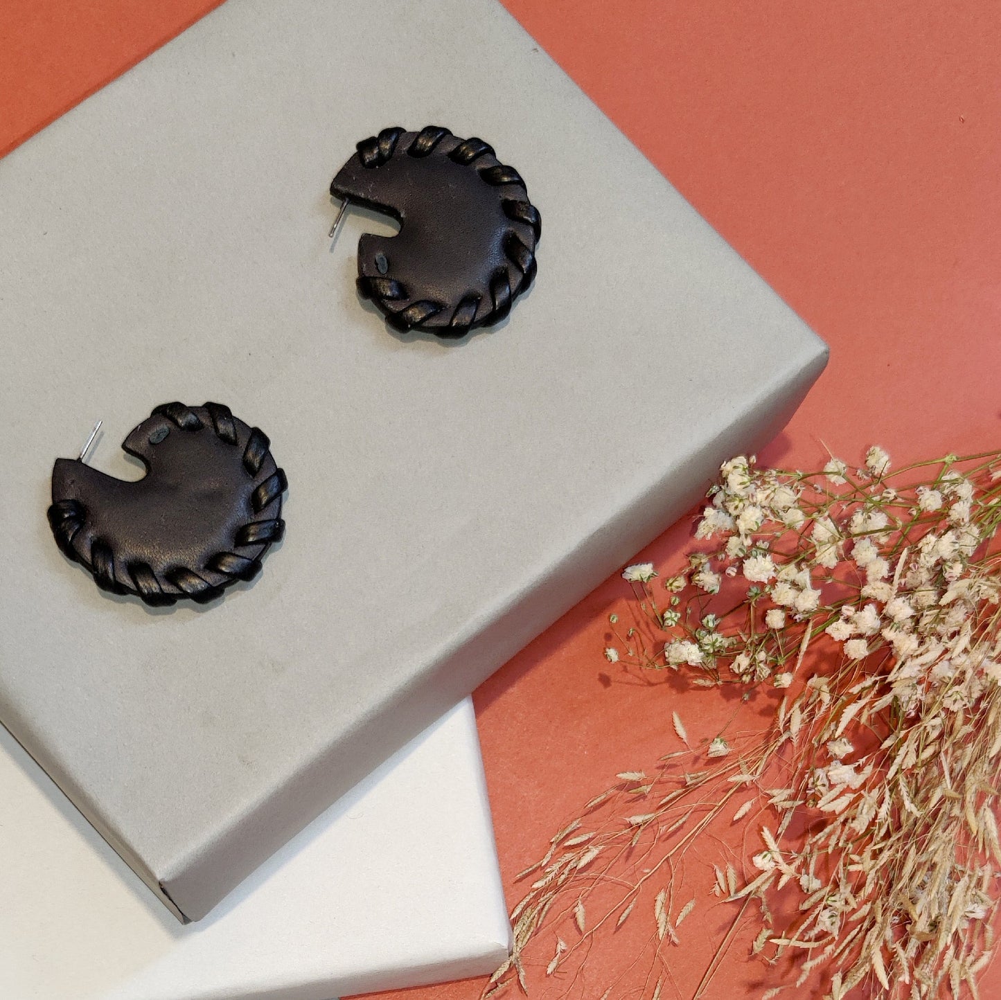 Black Cirque Studs Earrings at Kamakhyaa by Noupelle. This item is Black, Fashion Jewellery, Free Size, jewelry, Less than $50, Natural, Party Wear, Stud Earrings, Upcycled, Upcycled leather