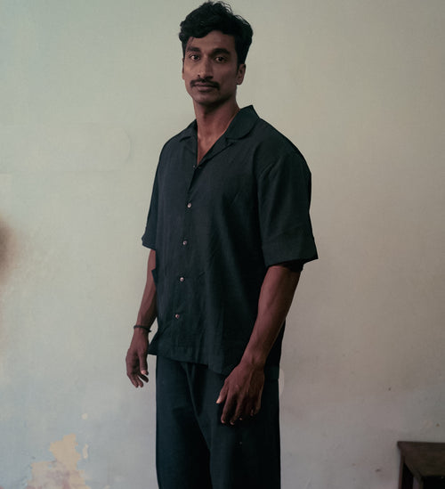 Black Co-ord Set at Kamakhyaa by Deeta Clothing. This item is Black, Casual Wear, Co-ord Sets, Handwoven Cotton, Lines, Mens Co-ords, Menswear, Natural with azo dyes, Relaxed Fit, Shibui AW22