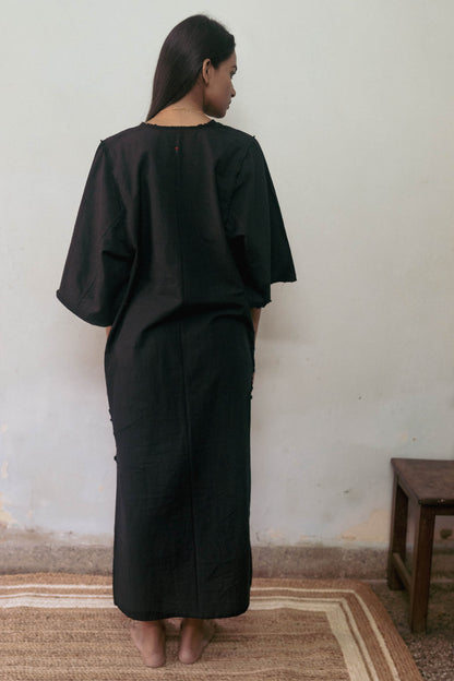 Black Cotton Dress at Kamakhyaa by Deeta Clothing. This item is Black, Casual Wear, Handwoven Cotton, Kaftan Dresses, Kaftans, Maxi Dresses, Natural with azo dyes, Relaxed Fit, Shibui AW22, Solids, Womenswear